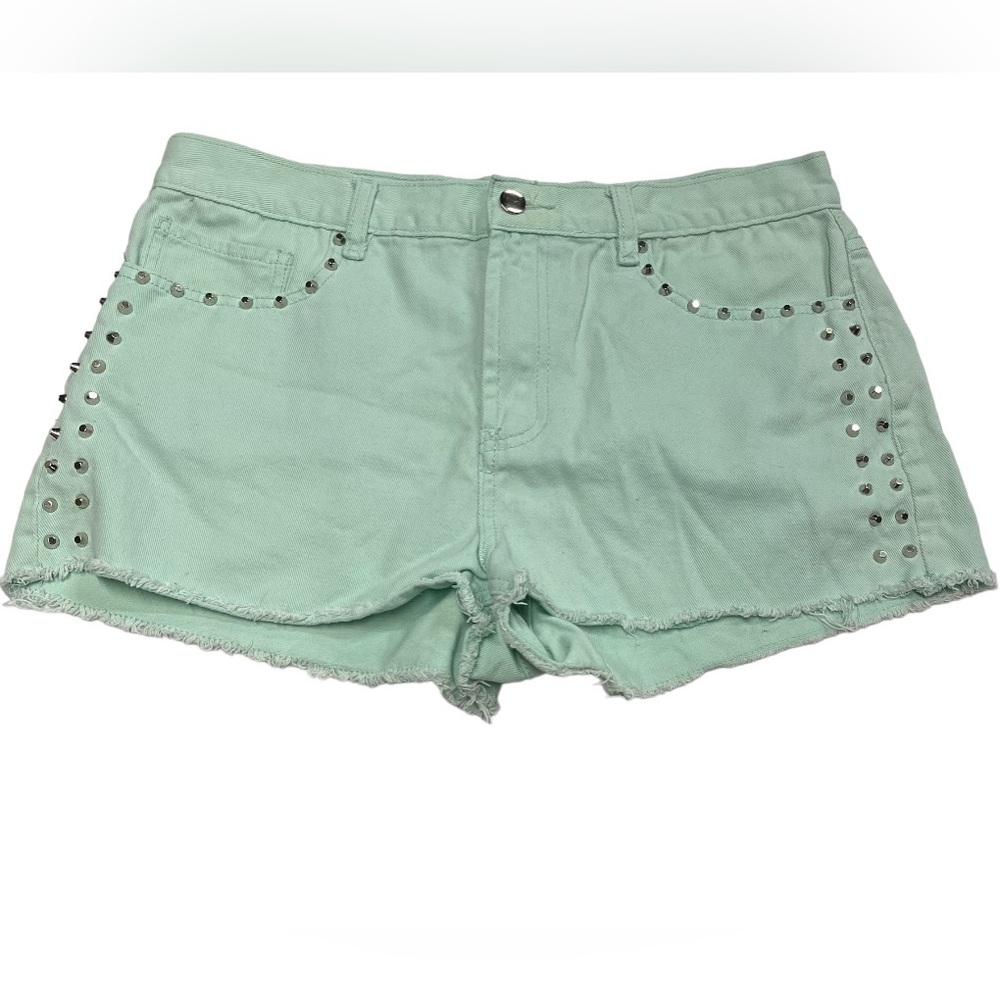 Forever 21 size 31 mint blue colored jean style shorts with stuff along sides!
